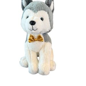 FAO Schwarz Husky stuffie Dog Plush Gold Bow